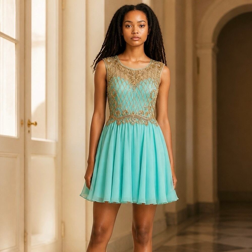 Alyce Paris Short formal dress Teal and Gold size 10